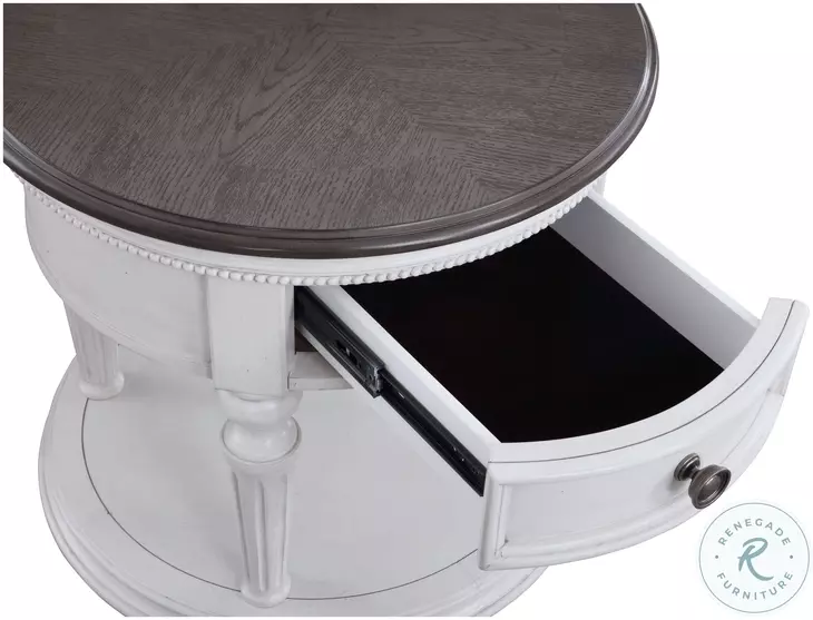 Avalon Furniture O00162-RDE West Chester Light Gray Oak and Distressed White Round Drawer End Table Avalon Furniture O00162-RDE West Chester Light Gray Oak and Distressed White Round Drawer End Table