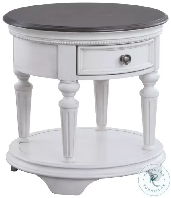 Avalon Furniture O00162-RDE West Chester Light Gray Oak and Distressed White Round Drawer End Table Avalon Furniture O00162-RDE West Chester Light Gray Oak and Distressed White Round Drawer End Table